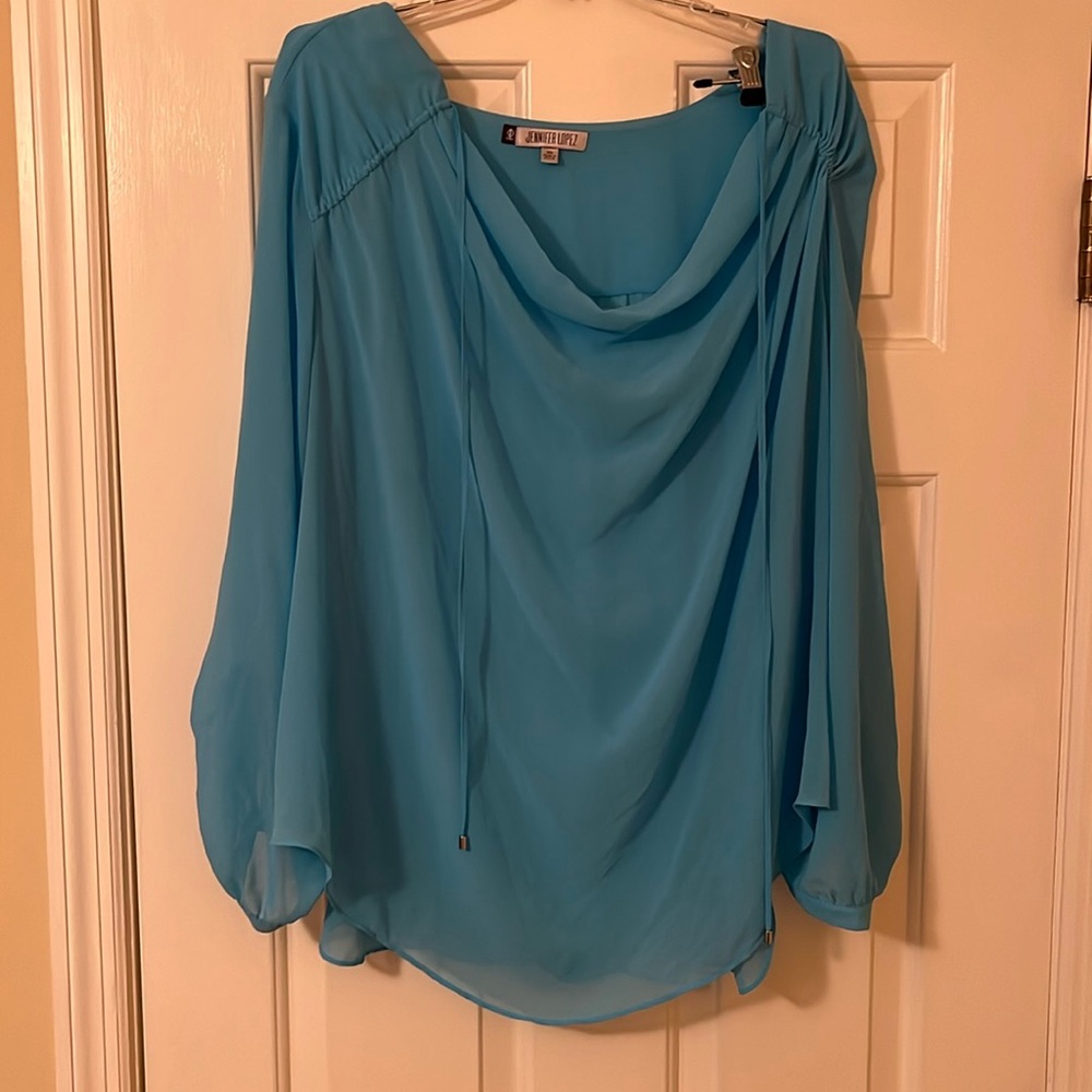 3X Jennifer Lopez sheer light blue blouse